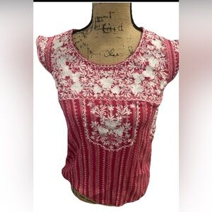 Savanna Jane Top Small Pink White Rose Floral Baby Doll Embroidered Boho Women